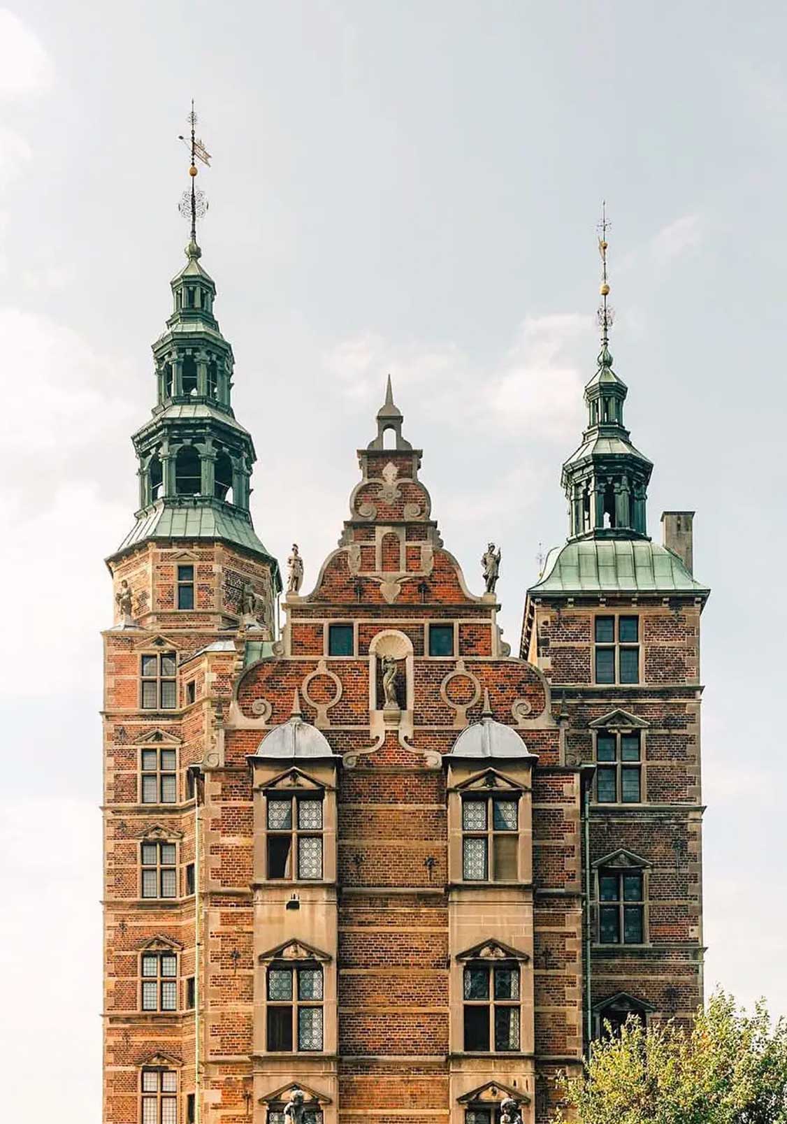 Close-up view of Rosenborg Castle, a Renaissance landmark in Copenhagen, Denmark.