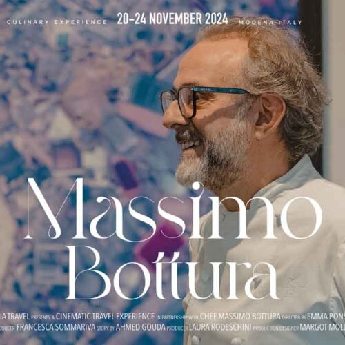 Movie poster: Satopia Travel Hosted Culinary Experience with Massimo Bottura in Italy, featuring an image of the world-renowned chef, Massimo Bottura.
