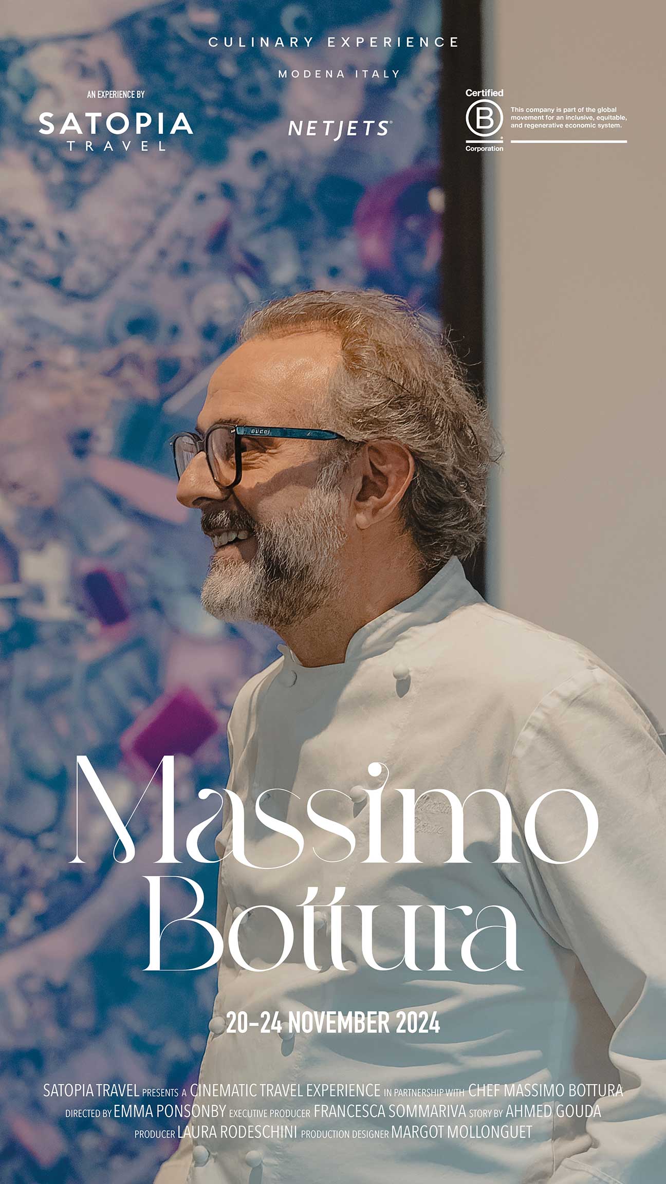 Vertical Movie poster: Satopia Travel Hosted Culinary Experience with Massimo Bottura in Italy, featuring an image of the world-renowned chef, Massimo Bottura.