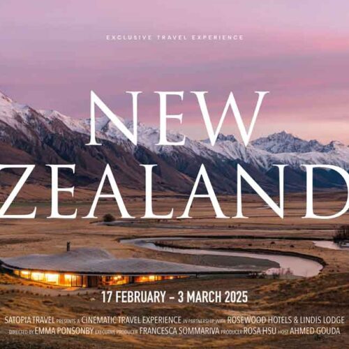 Movie Poster: Satopia Community Experience in New Zealand, featuring scenic mountains, glaciers, and The Lindis lodge.